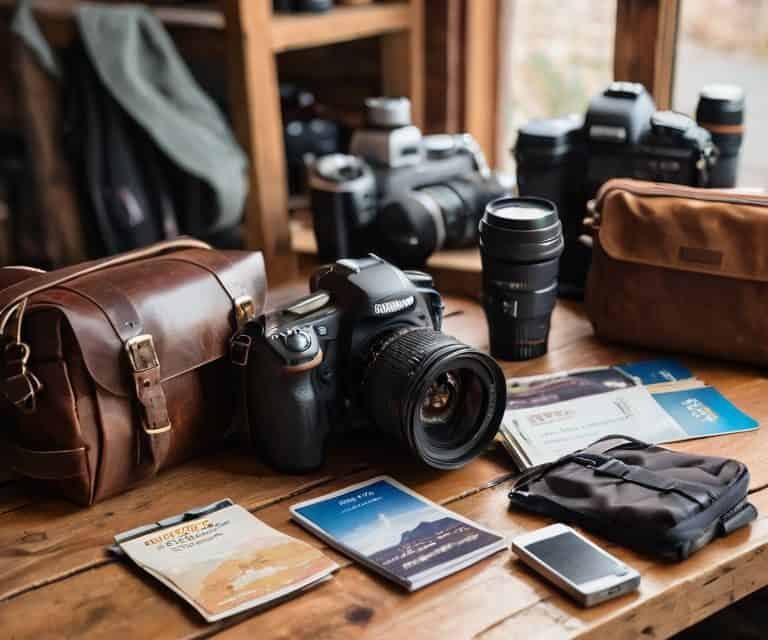 Travel bloggers camera gear inside bag
